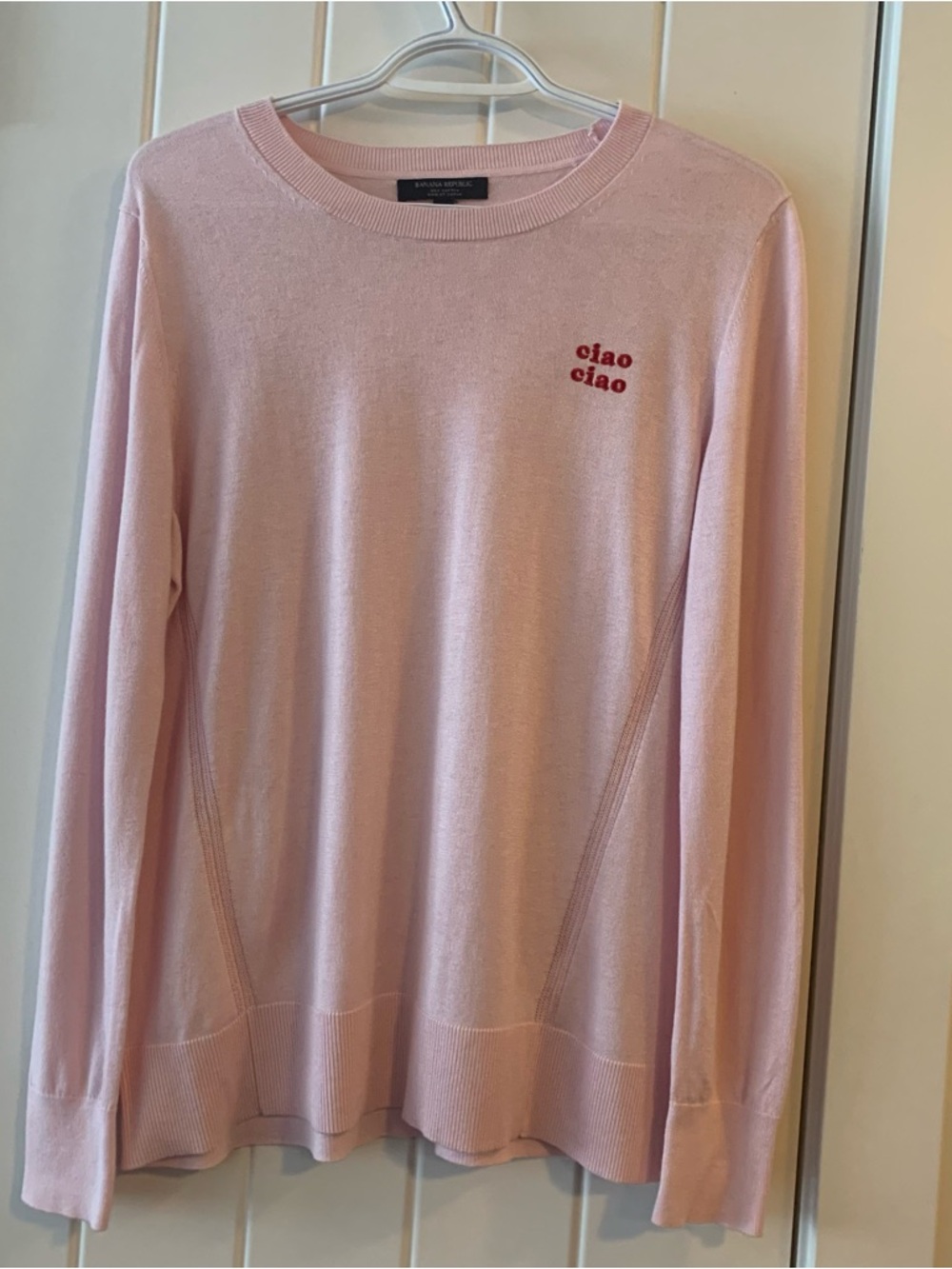 Light Pink Long Sleeve Sweater with Red 'ciao ciao' Embroidery